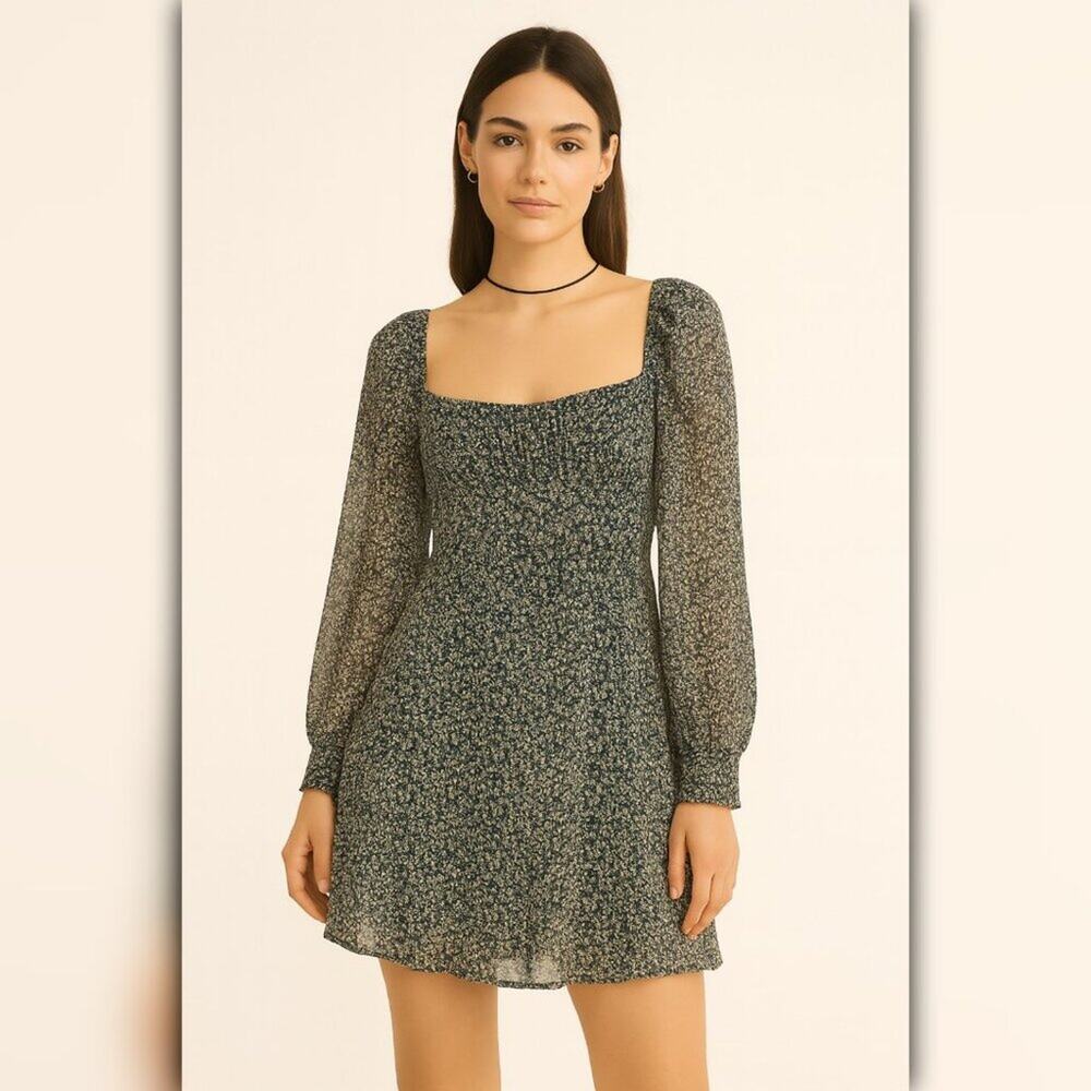 A367 • Navy Ditsy Floral Square Neck Smocked Puff Sleeve Mini Dress